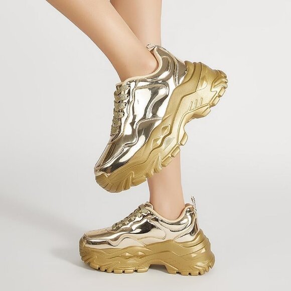 Women Gold Hologram Casual Tennis Lace Up Chunky Sneakers Shoes - Picture 6 of 7